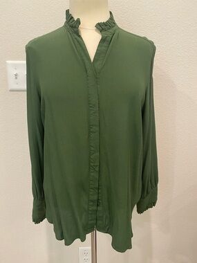 Ann Taylor Olive Green Ruffled Neck Long Sleeve Blouse Large